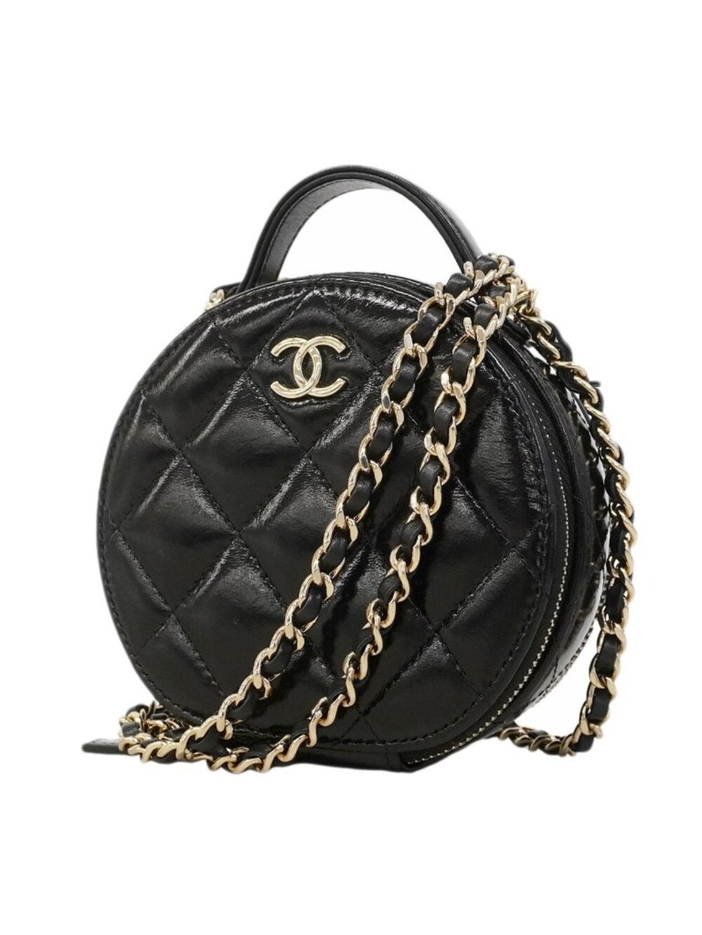 Chanel Handbag Quilted Shiny Lambskin Black Champagne Gold 2-Way